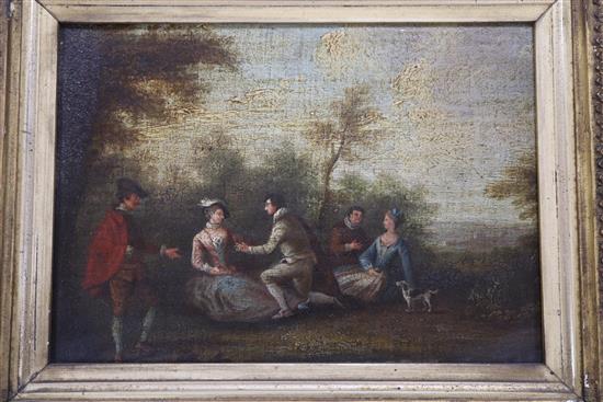 Continental School, oil on panel, 18th century figures in a landscape 18 x 25cm